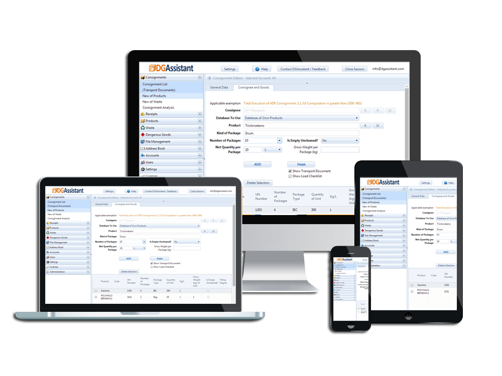 DGAssistant hazardous materials software on desktop, laptop, tablet and phone