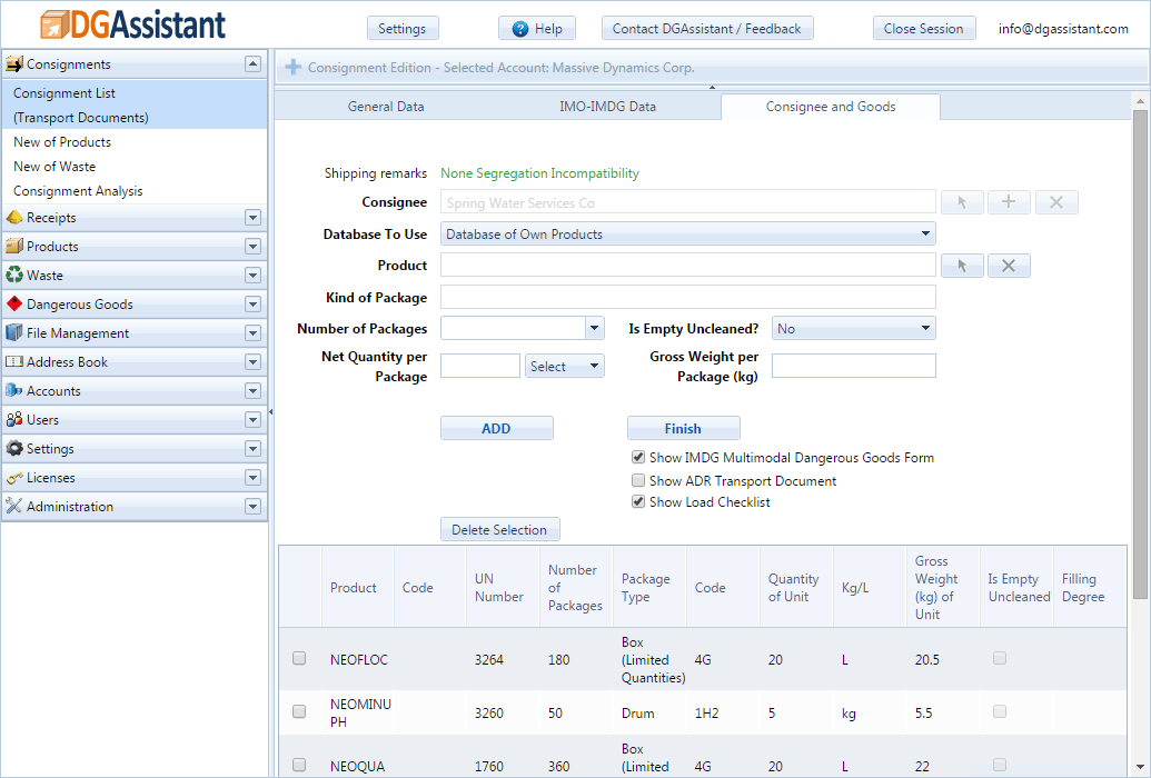 IATA shipment screen in DGAssistant: consignee and goods