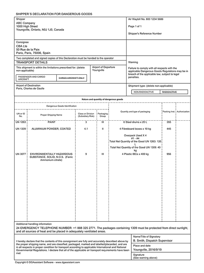 IATA Shipper's Declaration for hazardous materials (multimodal) created with DGAssistant
