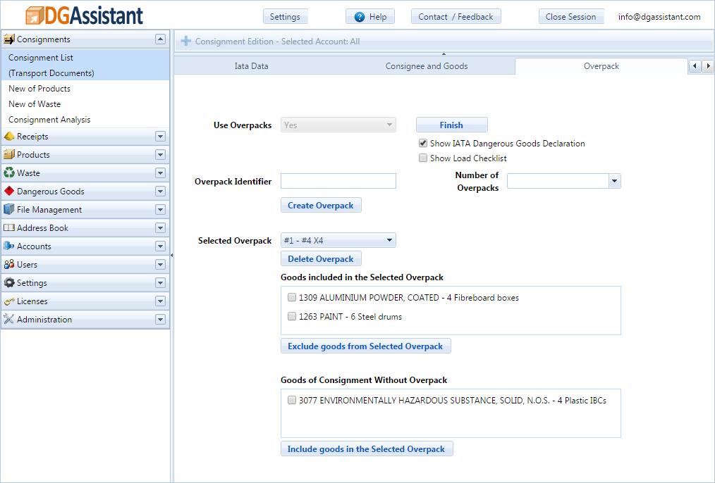 Shipment screen of DGAssistant: IATA Shipper's Declaration