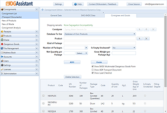 IMDG shipment screen in DGAssistant: consignee and goods