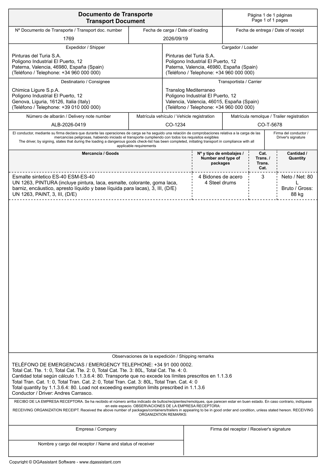 Document de transport ADR joint à la lettre de voiture, avec les numéros ONU et les mentions du 5.4.1