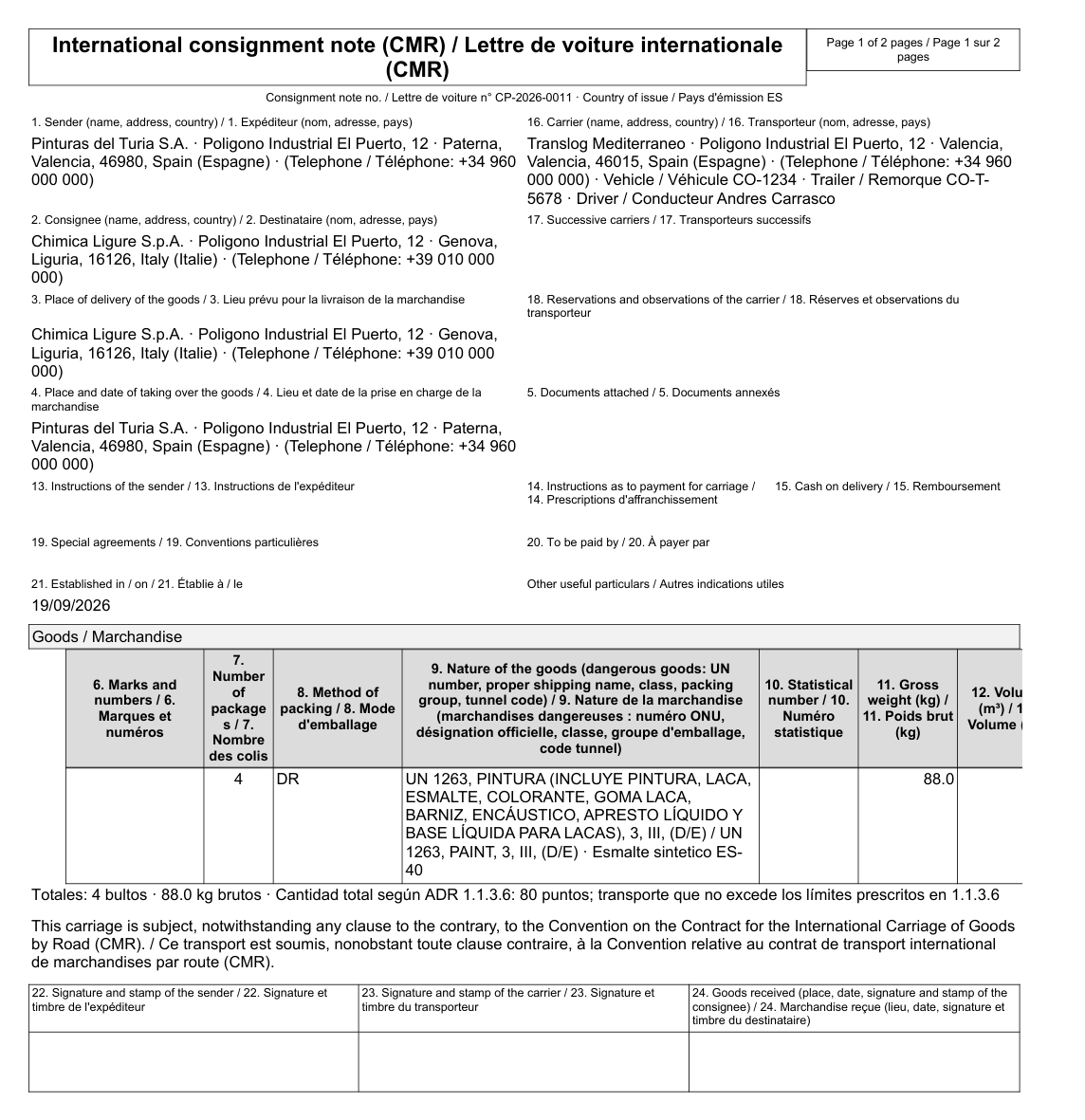 Lettre de voiture établie par voie électronique par DGAssistant, avec son numéro et les parties au contrat