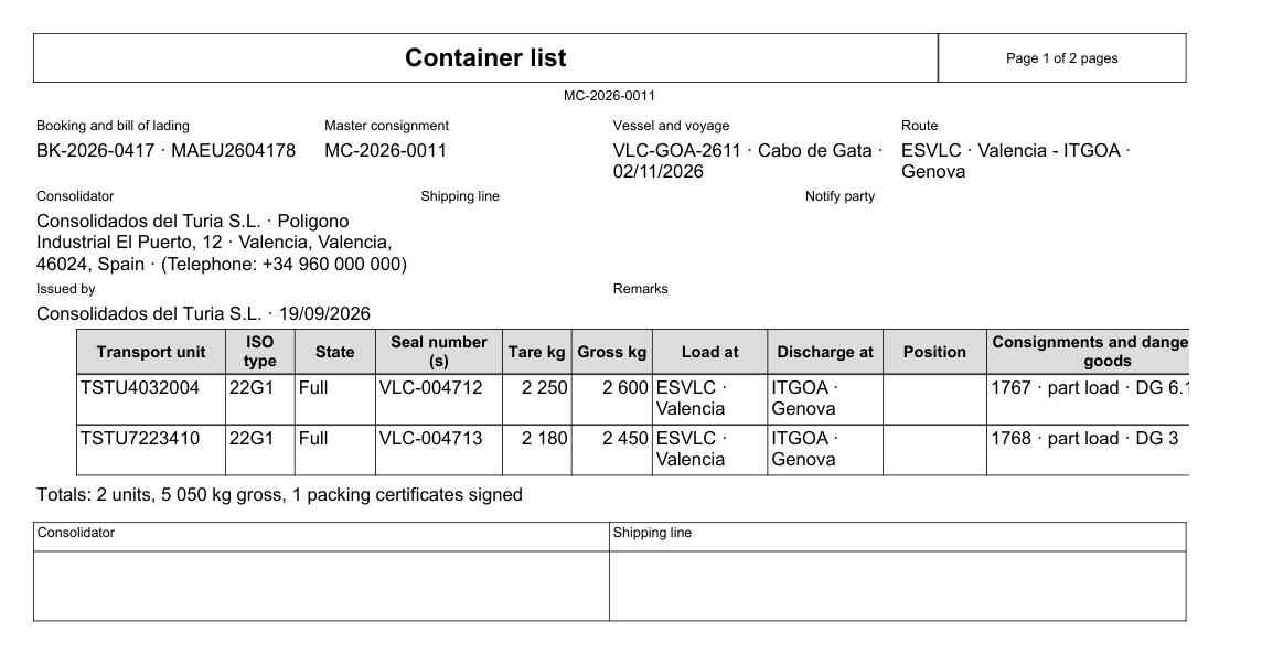 Liste des conteneurs d'une réservation avec les scellés et l'état de chaque engin de transport