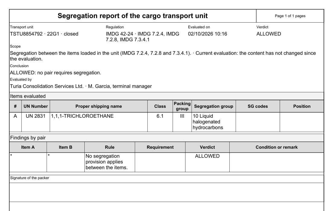Segregation report of a transport unit with the verdict of each pair of lines, created with DGAssistant
