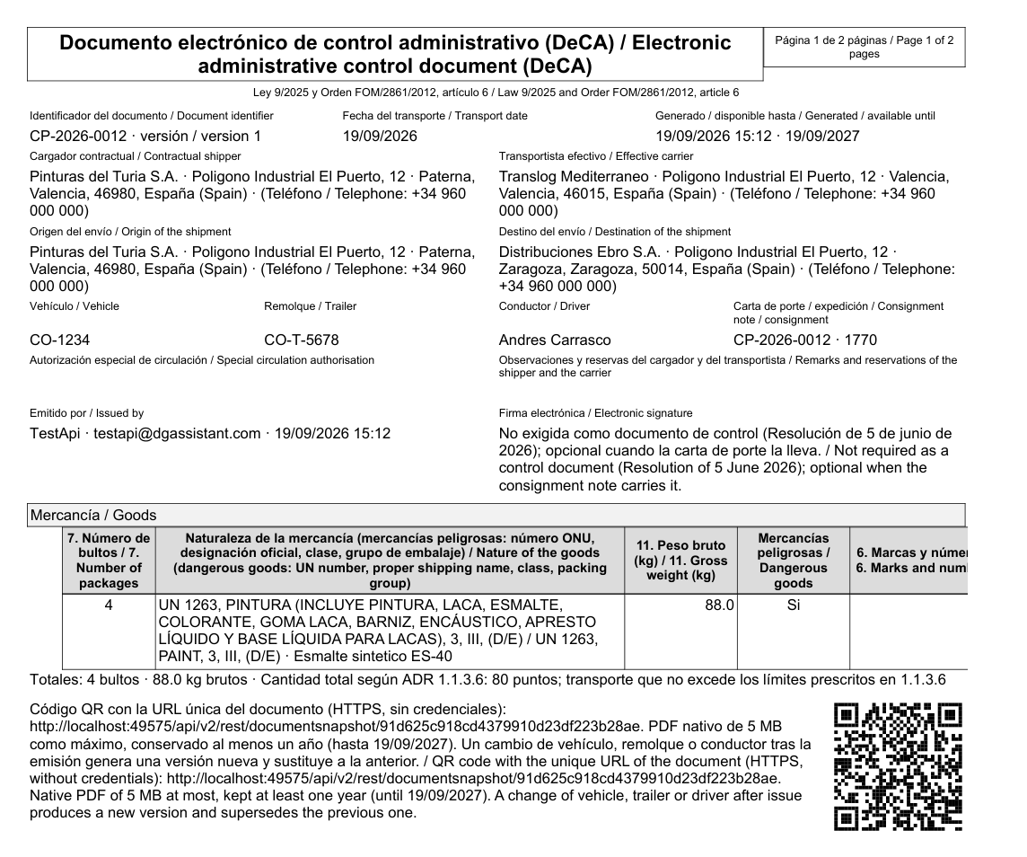 Document de contrôle administratif électronique espagnol avec son code QR, établi par DGAssistant