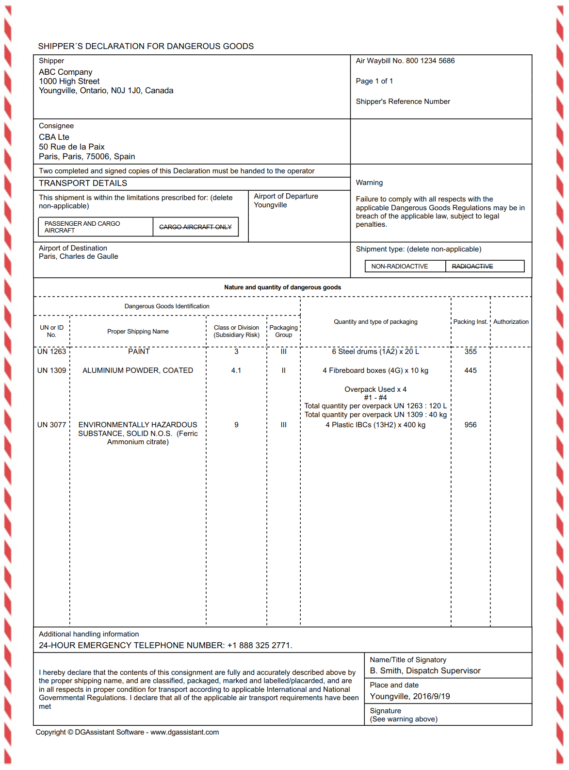 Dangerous Goods Declaration for IATA, IMDG code and CFR49 regulations