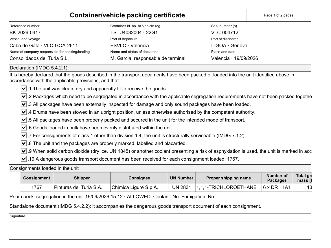 Certificat d'empotage de conteneur IMDG signé par le groupeur, établi avec DGAssistant