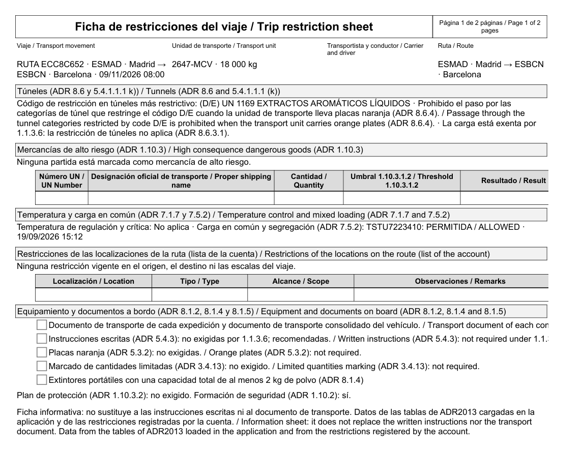 Ficha de restricciones del viaje con los códigos de restricción en túneles de un trayecto ADR