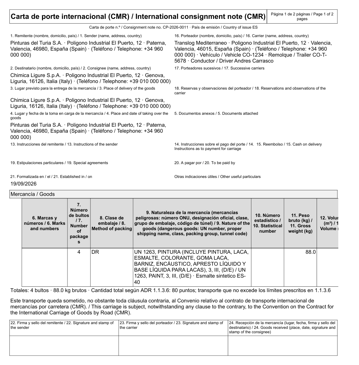 Carta de porte emitida electrónicamente por DGAssistant, con su número propio y los intervinientes del contrato