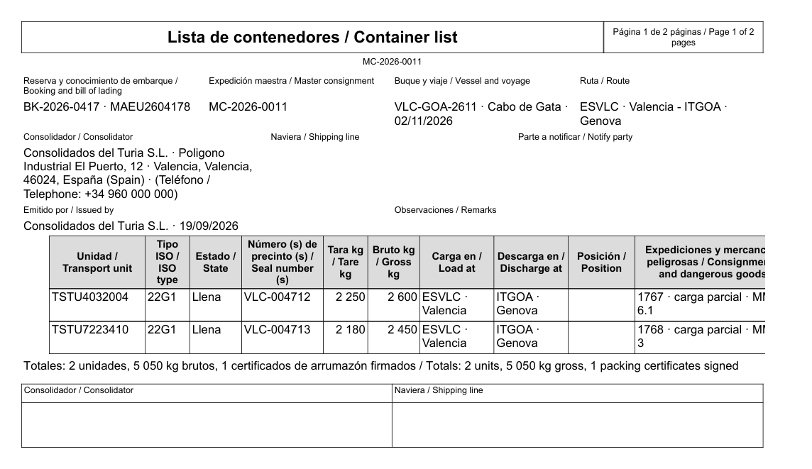 Lista de contenedores de una reserva con los precintos y el estado de cada unidad de transporte