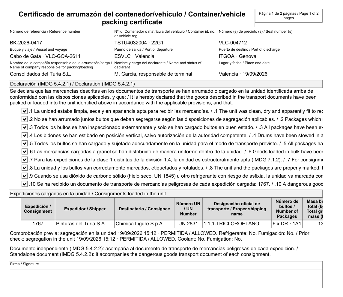 Certificado de arrumazón de contenedor IMDG firmado por el consolidador, creado con DGAssistant
