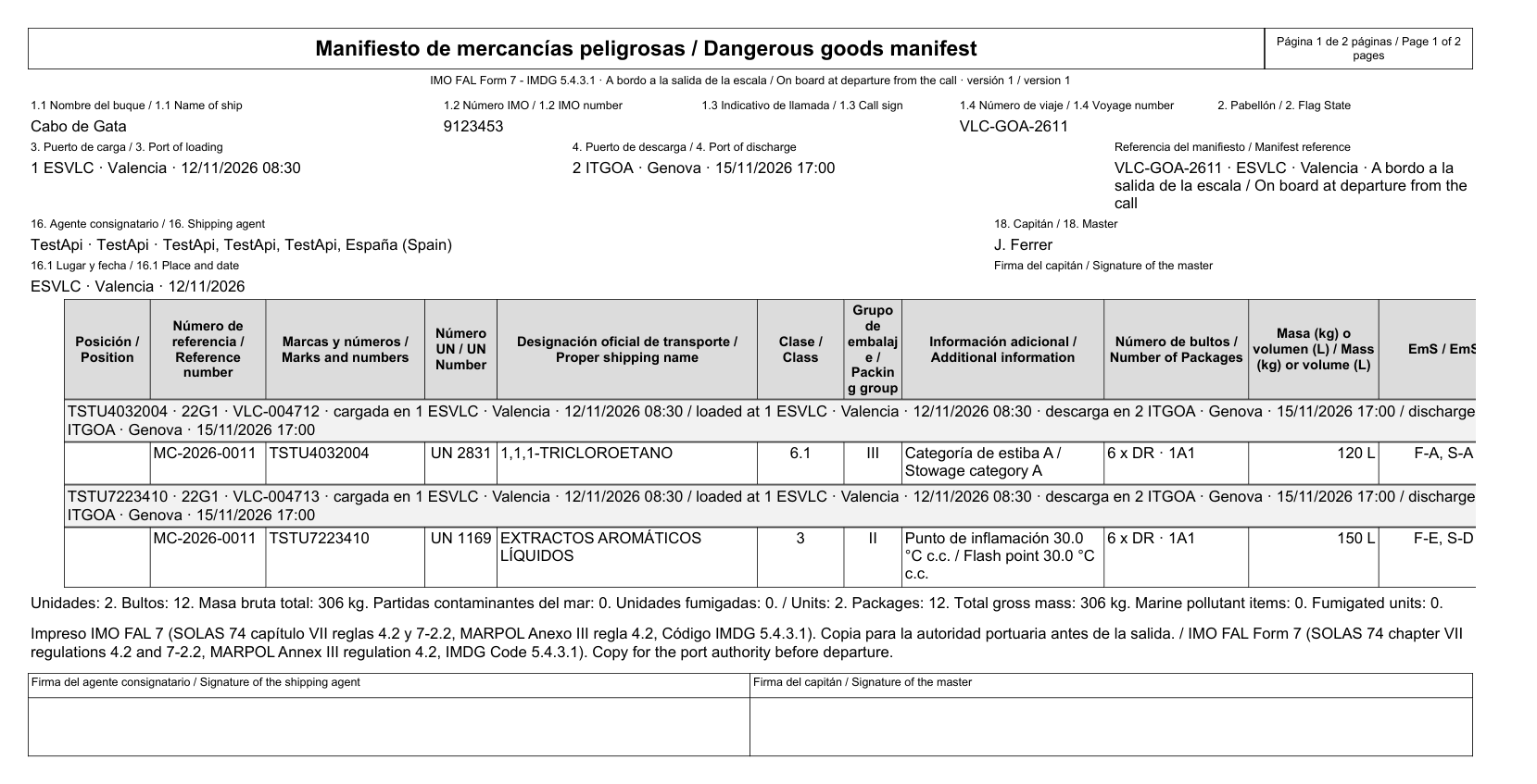 Manifiesto de mercancías peligrosas en el impreso FAL 7 de la OMI para una escala, creado con DGAssistant